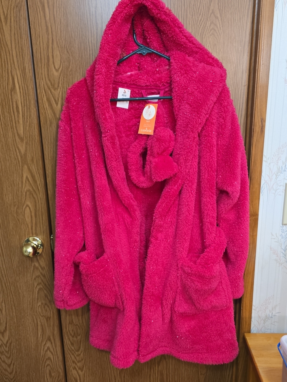 Colsie Plush Hooded Robe & Headband Set - Hot Pink